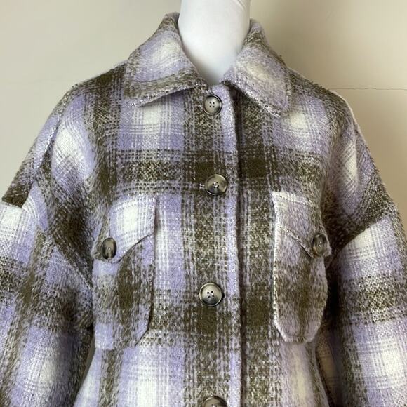 Avec Les Filles Purple White Brown Plaid Relaxed Oversized Jacket Shirt Size S - Picture 4 of 5